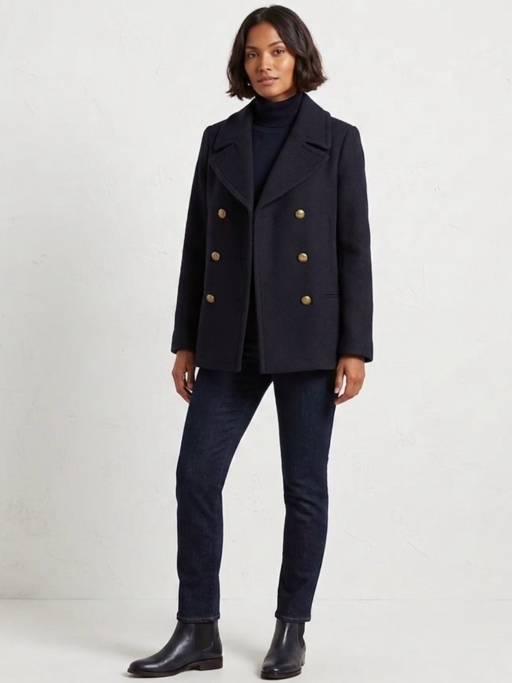 Banana Republic Wool Blend Navy Double-Breasted Gold Button Pea Coat | Medium